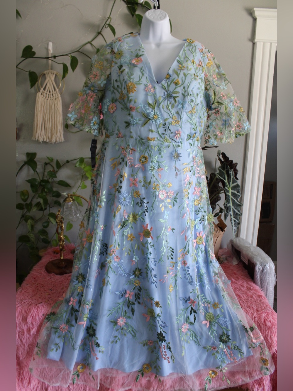 Blue Floral Embroidered Mesh Midi Dress – Romantic Garden Party Dress